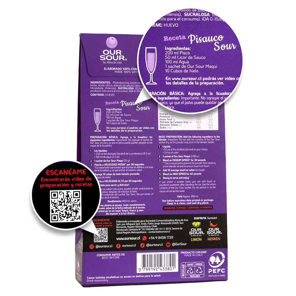 Parte trasera del estuche Our Sour Maqui con receta para Pisauco Sour, código QR y video de preparación