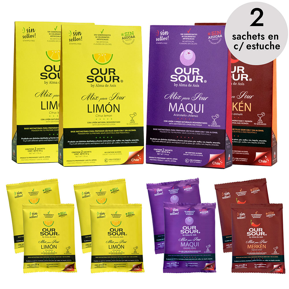 Pack de 4 our sour de limón, maqui y merkén para preparar ´pisco sour