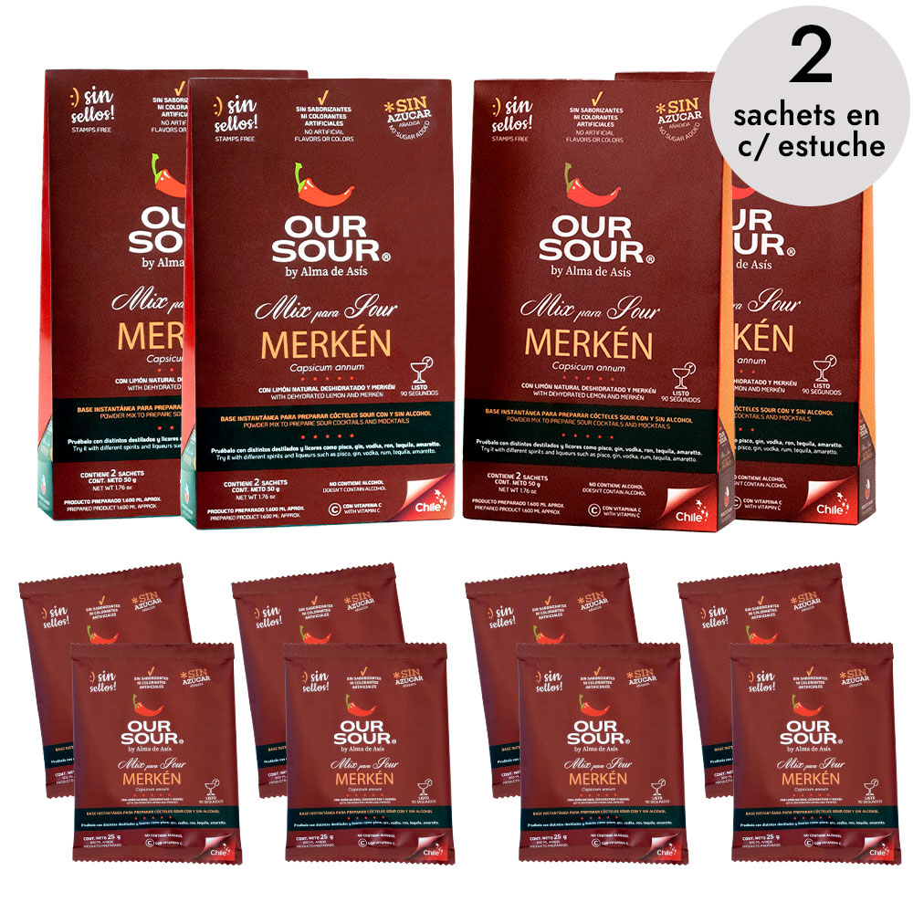 Pack de 4 mix sour en polvo de merkén sin azúcar añadida y 100% natural para preparar pisco sour