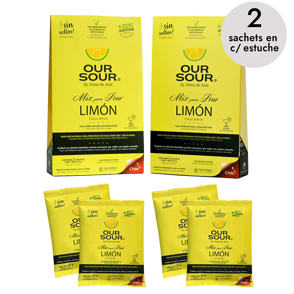 ack New Sunset Duo Our Sour sabor limón. Incluye 2 estuches con 2 sachets cada uno. Mix chileno en polvo para preparar sour con o sin alcohol. Base deshidratada natural, sin azúcar añadida ni sellos.
