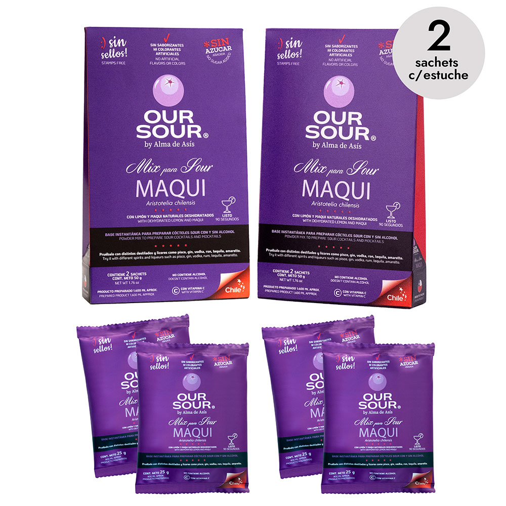 Pack de 2 estuches Our Sour Maqui con 2 sachets cada uno – mix sour de maqui y limón en polvo, sin azúcar