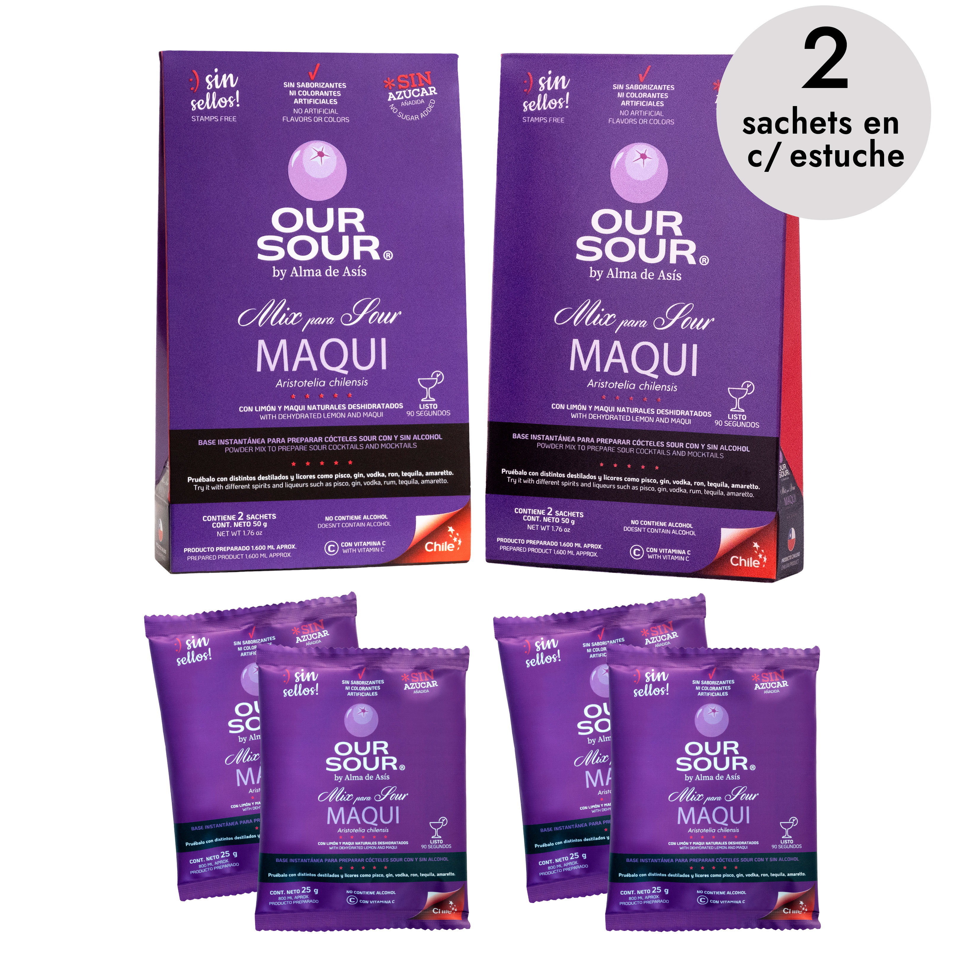 Pack de 2 estuches Our Sour Maqui con 2 sachets cada uno – mix sour de maqui y limón en polvo, sin azúcar