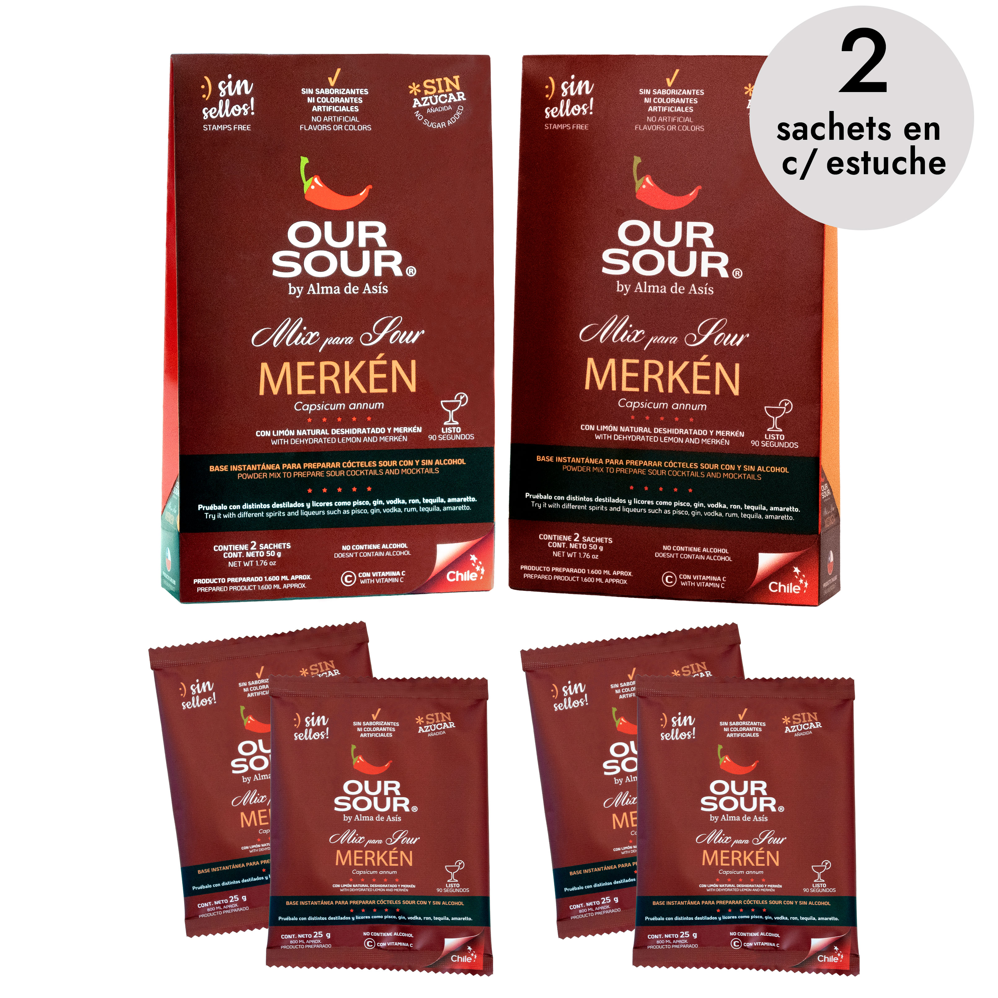 Pack Our Sour Merkén con 2 estuches y 4 sachets individuales. Mix sour de limón con ají chileno merkén, sin azúcar añadida, sin sellos y con ingredientes 100% naturales. Ideal para cócteles con o sin alcohol